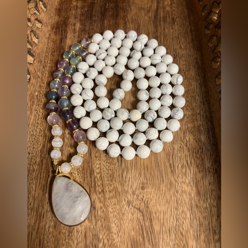 Moon Goddess Mala White Howlite Beads 108 Fluorite Rainbow Moonstone and OM cuff